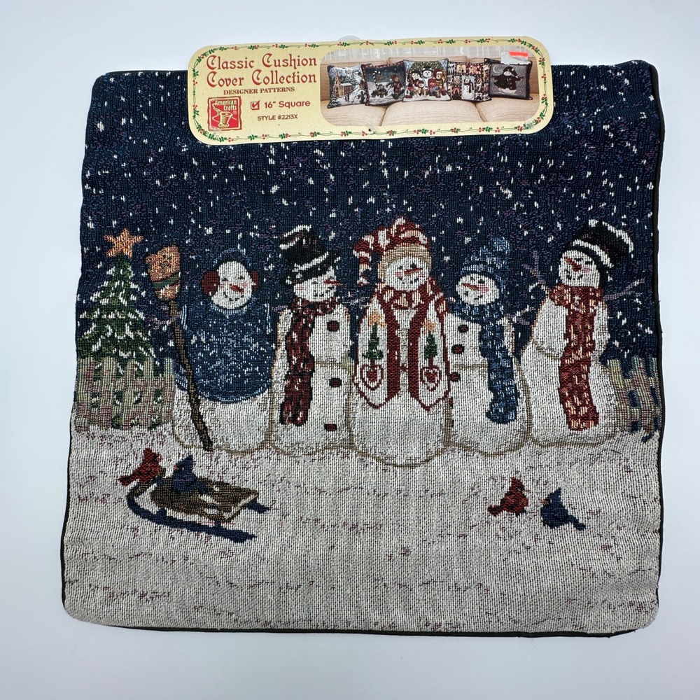 Vintage American Crafts Snowman Woven Tapestry Cushion Cover 16" Square Holiday